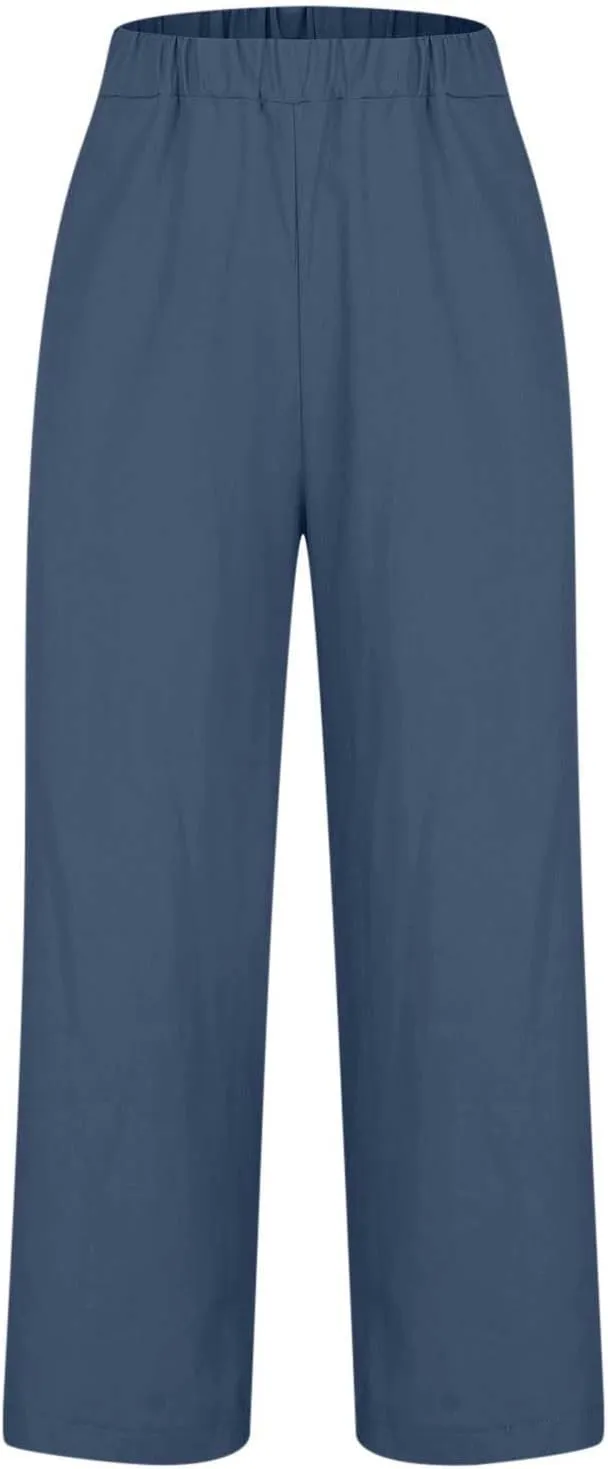 Women's Cotton Linen Pants Summer Trendy Straight Leg Pants Plus Size Elastic High Waist Lightweight Palazzo Trousers