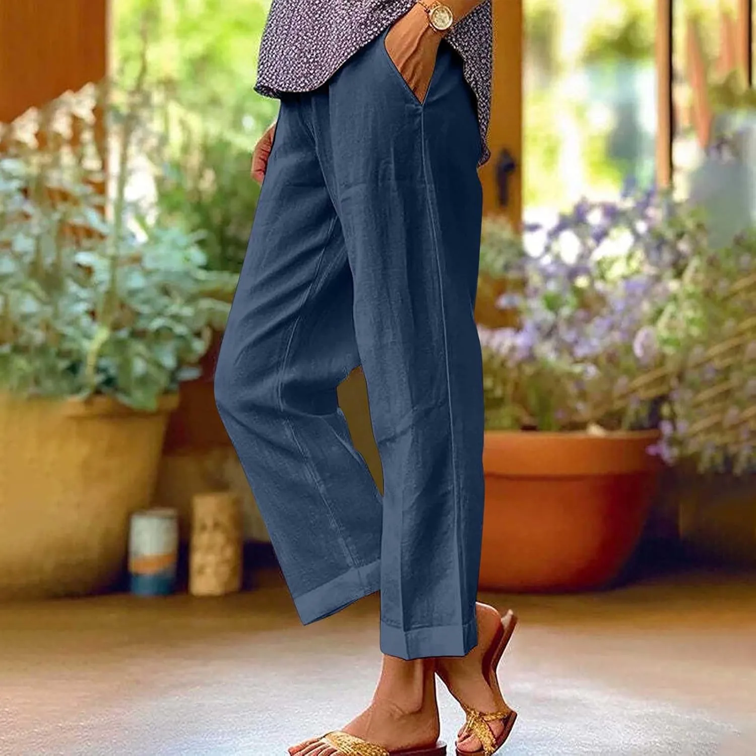 Women's Cotton Linen Pants Summer Trendy Straight Leg Pants Plus Size Elastic High Waist Lightweight Palazzo Trousers