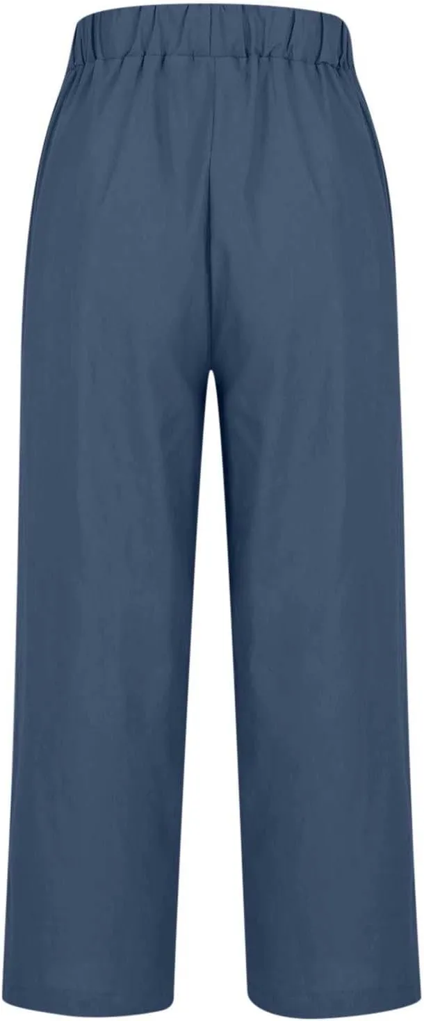Women's Cotton Linen Pants Summer Trendy Straight Leg Pants Plus Size Elastic High Waist Lightweight Palazzo Trousers