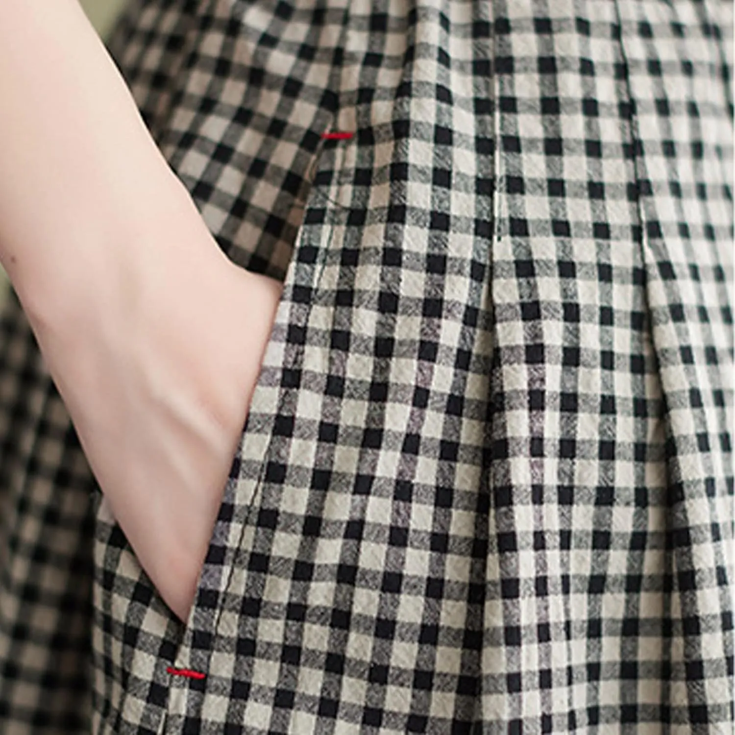 Women's Cotton Linen Plaid Skirt Elastic High Waist Vintage Gingham A-Line Skirts Summer Casual Flowy Midi Skirt