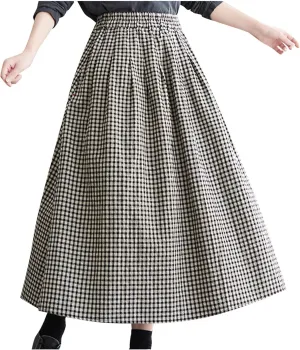 Women's Cotton Linen Plaid Skirt Elastic High Waist Vintage Gingham A-Line Skirts Summer Casual Flowy Midi Skirt
