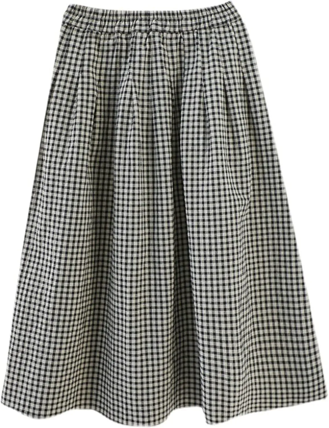 Women's Cotton Linen Plaid Skirt Elastic High Waist Vintage Gingham A-Line Skirts Summer Casual Flowy Midi Skirt
