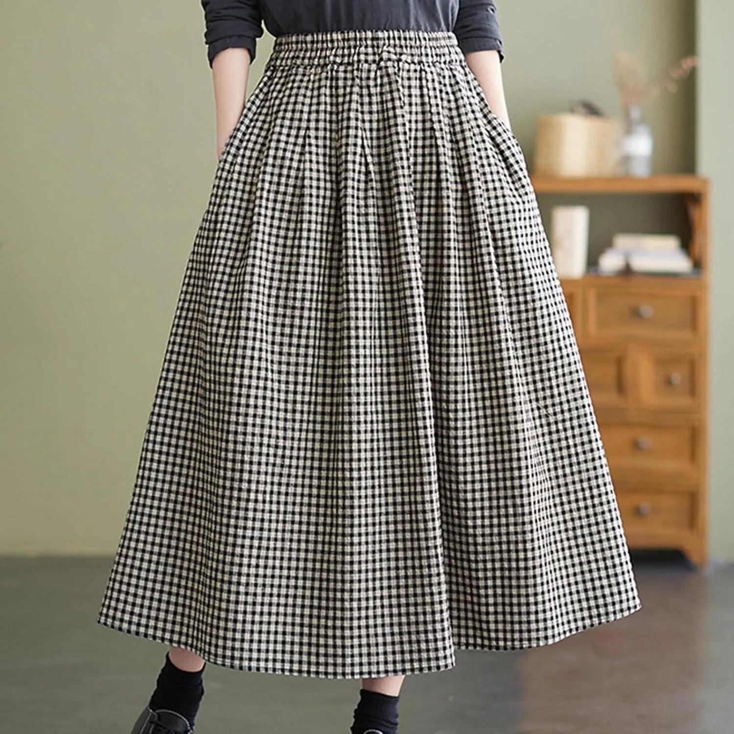 Women's Cotton Linen Plaid Skirt Elastic High Waist Vintage Gingham A-Line Skirts Summer Casual Flowy Midi Skirt