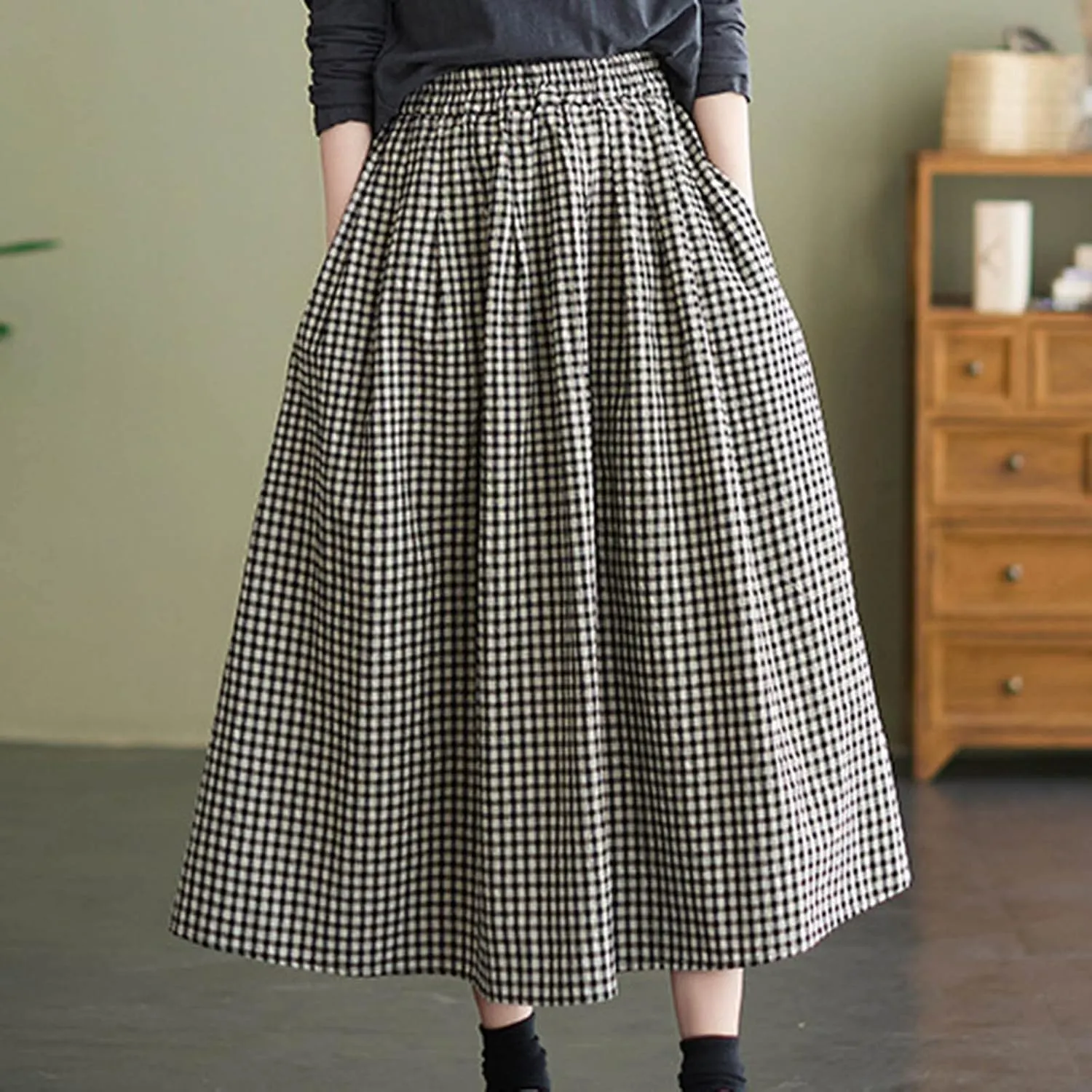 Women's Cotton Linen Plaid Skirt Elastic High Waist Vintage Gingham A-Line Skirts Summer Casual Flowy Midi Skirt
