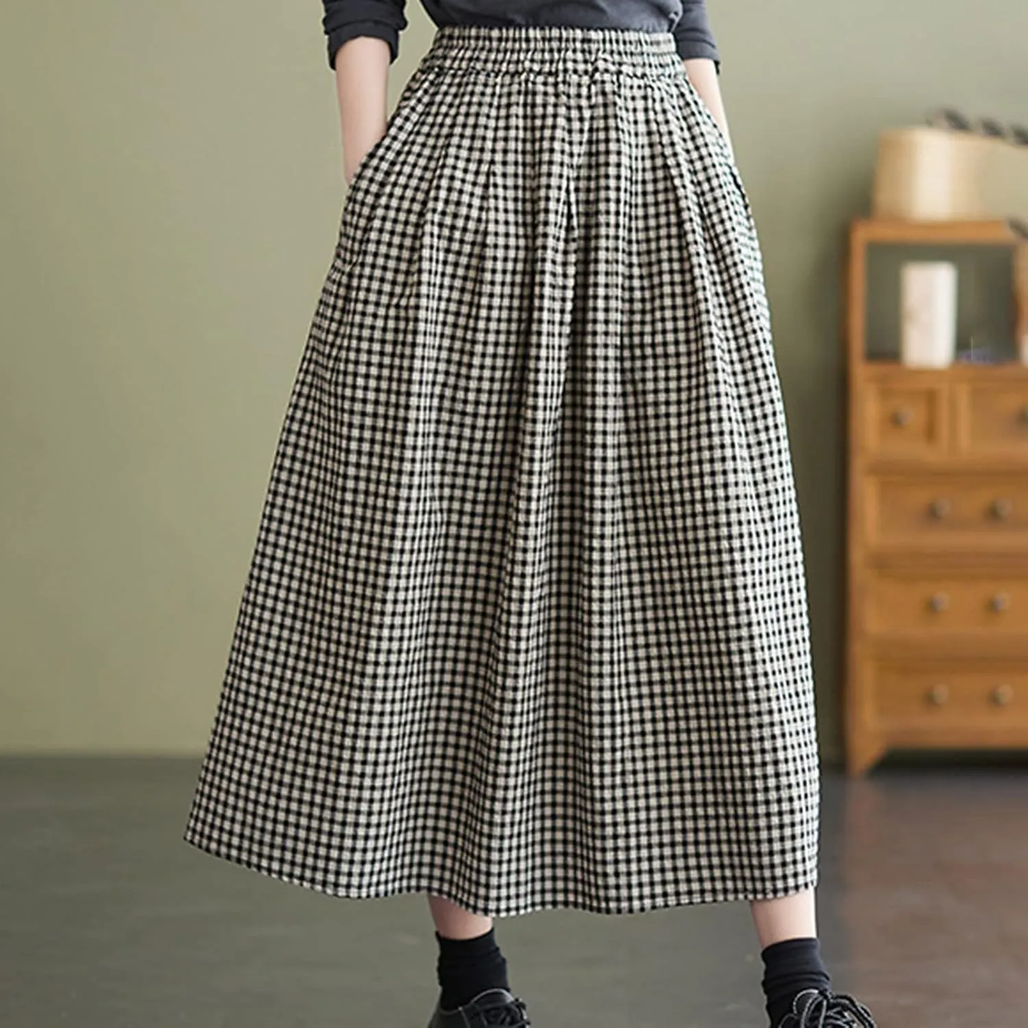Women's Cotton Linen Plaid Skirt Elastic High Waist Vintage Gingham A-Line Skirts Summer Casual Flowy Midi Skirt