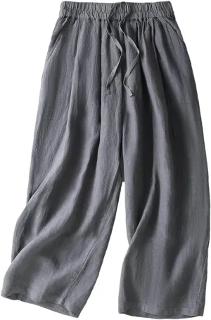 Women's Cotton Linen Wide-Leg Pants  High Waist Drawstring Straight-Leg Casual Summer Trousers for Beach Vacation