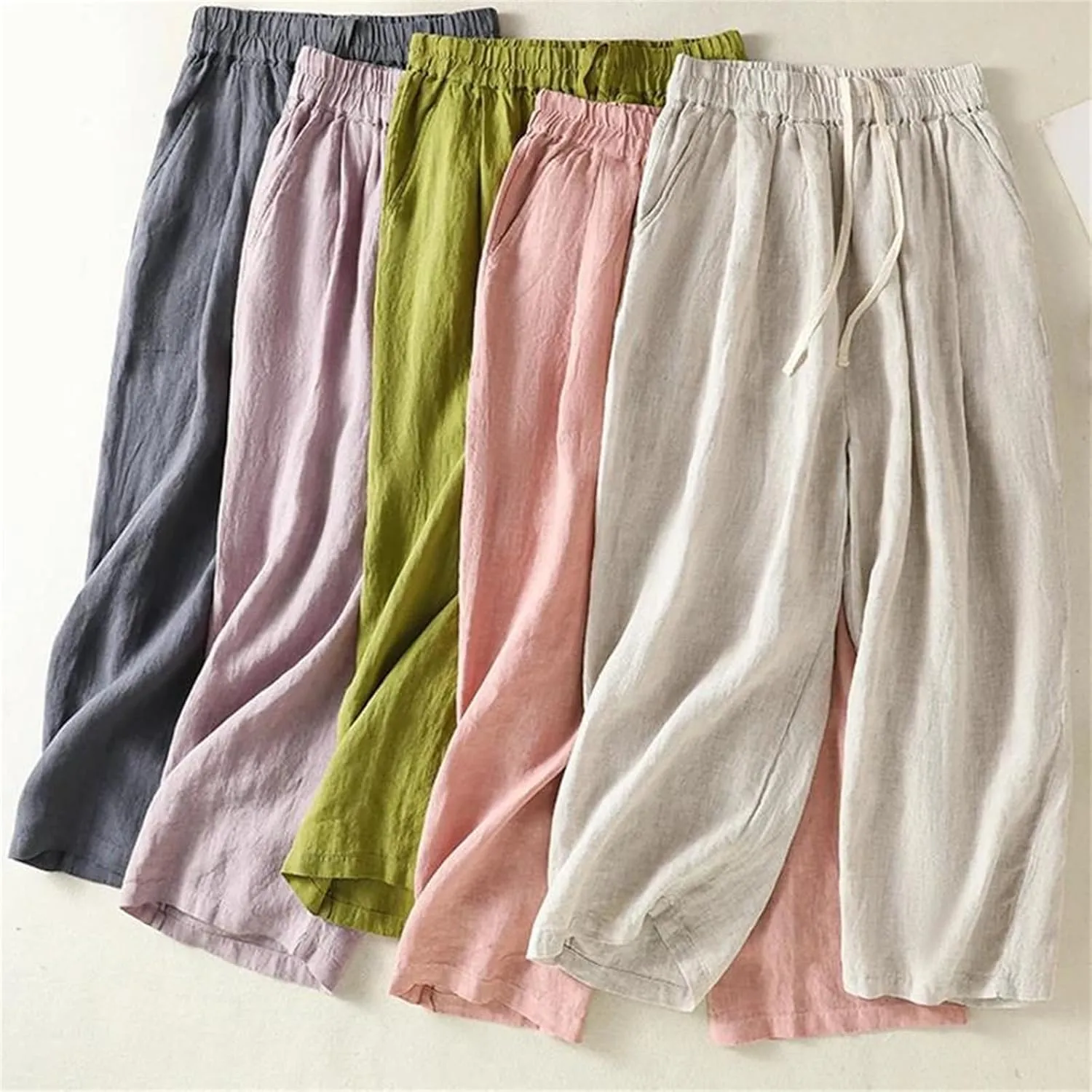 Women's Cotton Linen Wide-Leg Pants  High Waist Drawstring Straight-Leg Casual Summer Trousers for Beach Vacation
