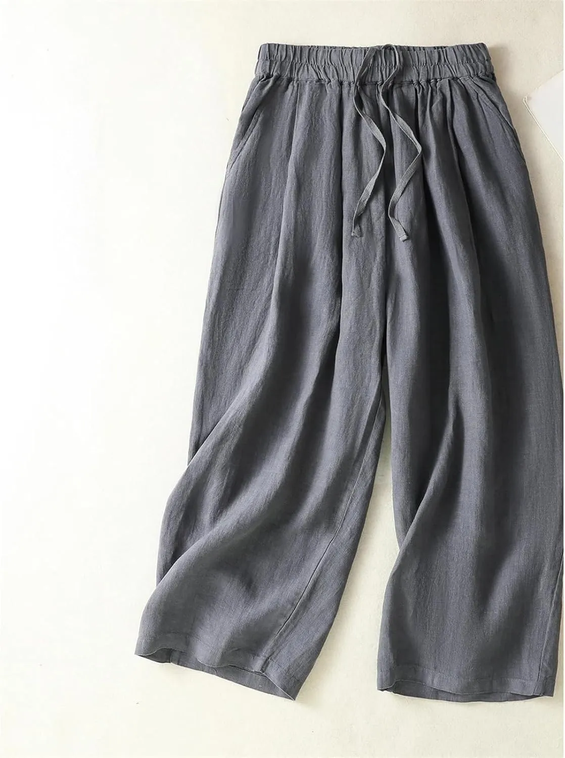 Women's Cotton Linen Wide-Leg Pants  High Waist Drawstring Straight-Leg Casual Summer Trousers for Beach Vacation