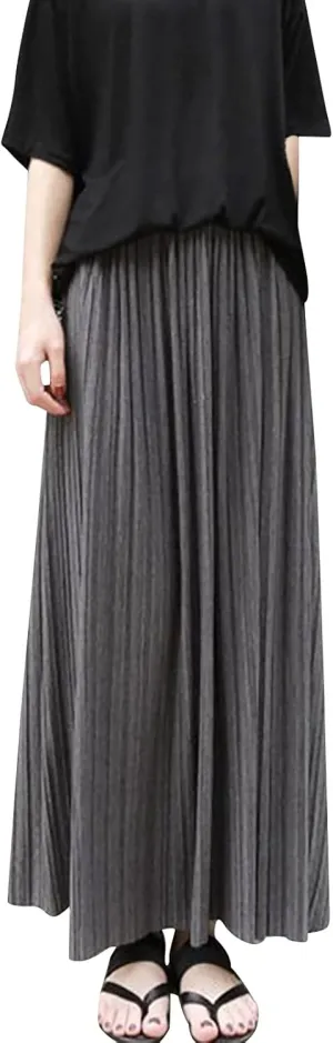 Women's Cotton Pleated Skirt Organ Skirt Large Hemline Long Skirt Retro High Waist Casual Sports Style Knit Midi