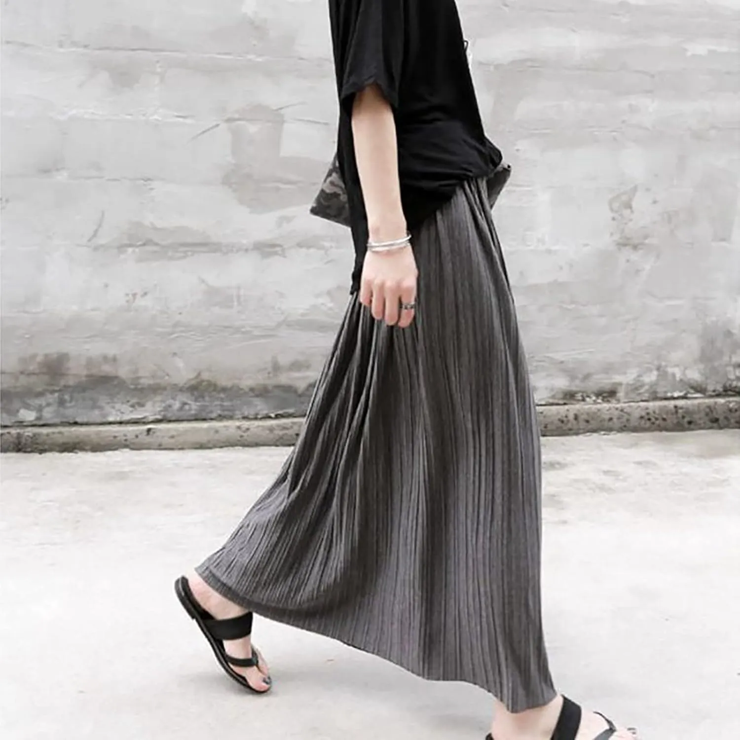 Women's Cotton Pleated Skirt Organ Skirt Large Hemline Long Skirt Retro High Waist Casual Sports Style Knit Midi