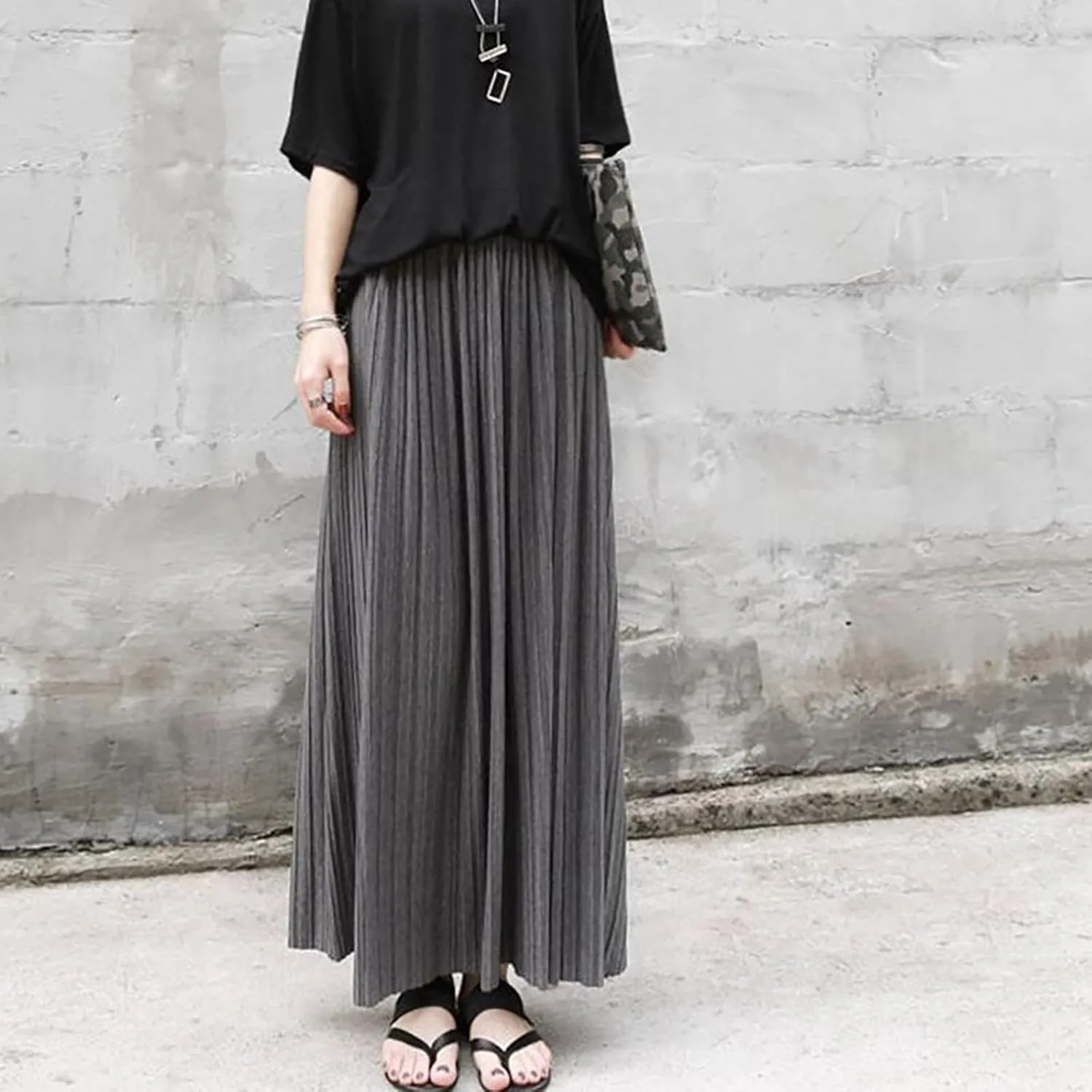 Women's Cotton Pleated Skirt Organ Skirt Large Hemline Long Skirt Retro High Waist Casual Sports Style Knit Midi