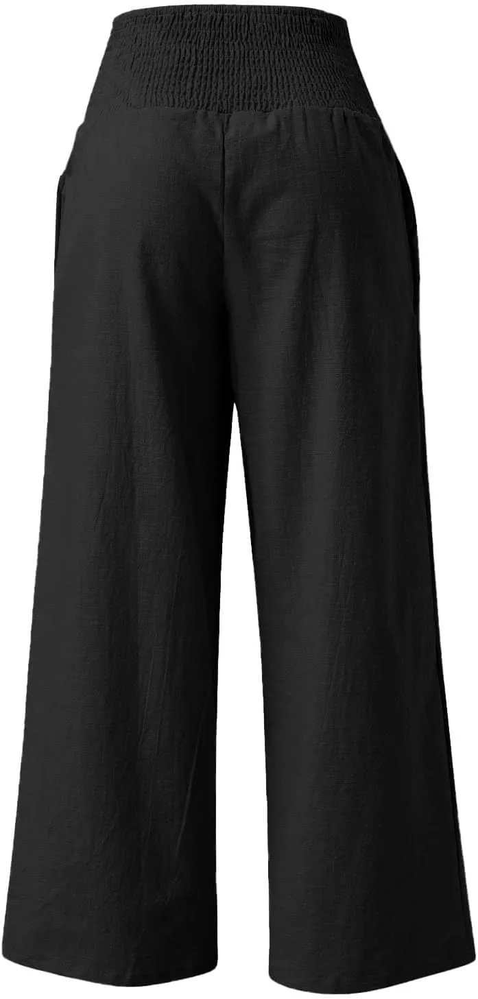 Womens Elastic High Waisted Palazzo Pants Casual Wide Leg Smock Lounge Pant Solid Beach Trousers with Pocket