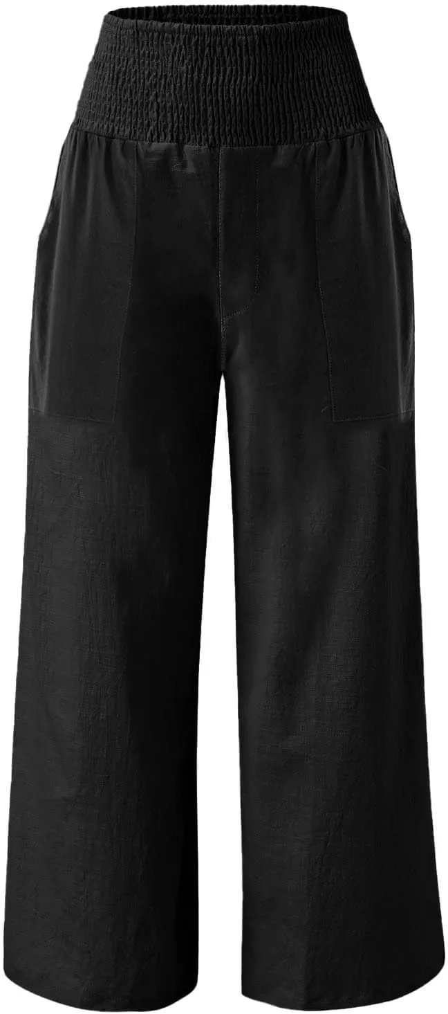 Womens Elastic High Waisted Palazzo Pants Casual Wide Leg Smock Lounge Pant Solid Beach Trousers with Pocket