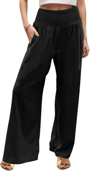 Womens Elastic High Waisted Palazzo Pants Casual Wide Leg Smock Lounge Pant Solid Beach Trousers with Pocket