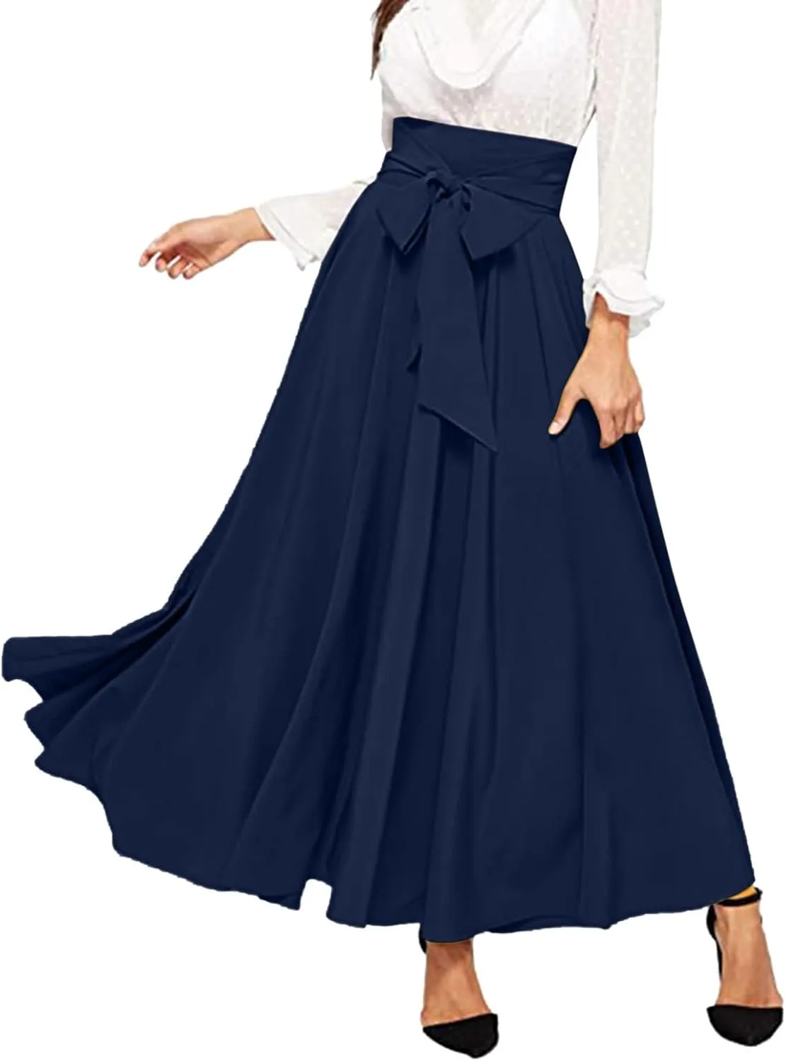 Women's Elegant High Waist Skirt Tie Front Pleated Maxi Skirts Womens Skirts Plaid Knee Length