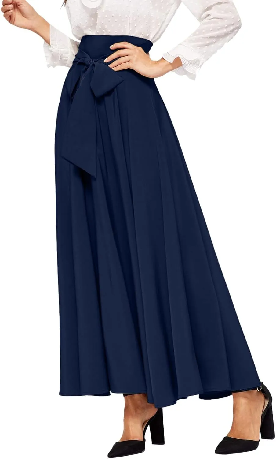 Women's Elegant High Waist Skirt Tie Front Pleated Maxi Skirts Womens Skirts Plaid Knee Length