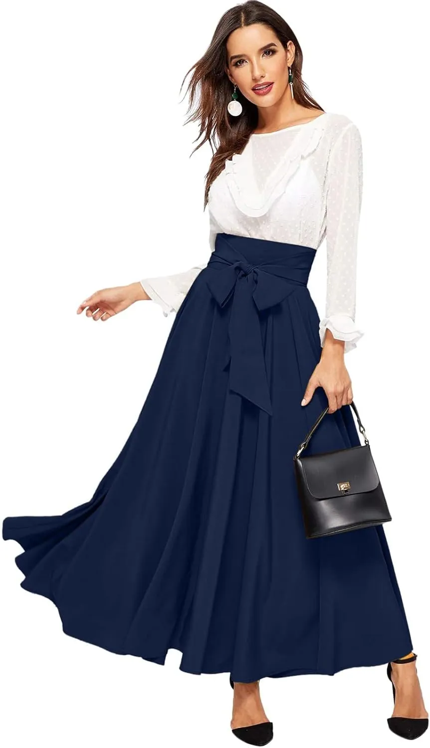 Women's Elegant High Waist Skirt Tie Front Pleated Maxi Skirts Womens Skirts Plaid Knee Length