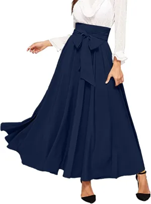 Women's Elegant High Waist Skirt Tie Front Pleated Maxi Skirts Womens Skirts Plaid Knee Length