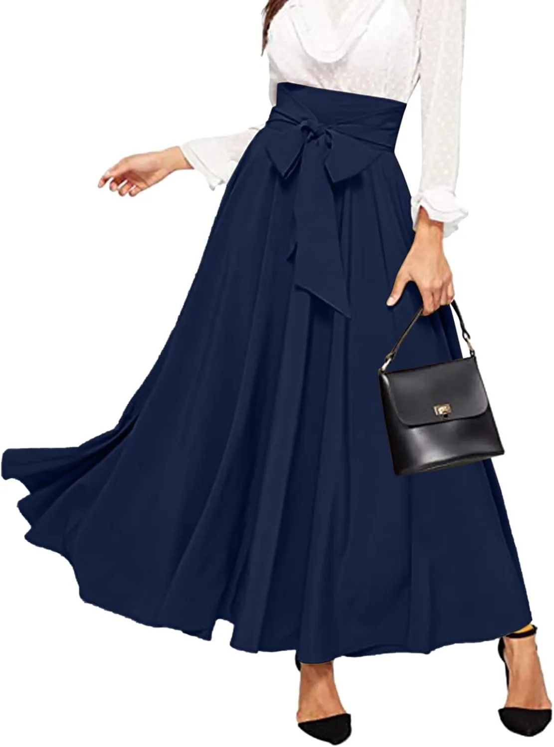 Women's Elegant High Waist Skirt Tie Front Pleated Maxi Skirts Womens Skirts Plaid Knee Length