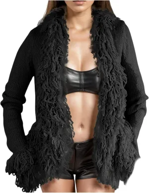 Womens Fall Open Front Cardigan Faux Fur Coat Vintage Parka Shaggy Jacket Y2K Warm Coat Tops