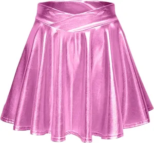 Women's Fashion High Waist Pleated Solid Color Short Skirt Loose Skirt Metallic Skater Skirt Sparkly Shiny Flared