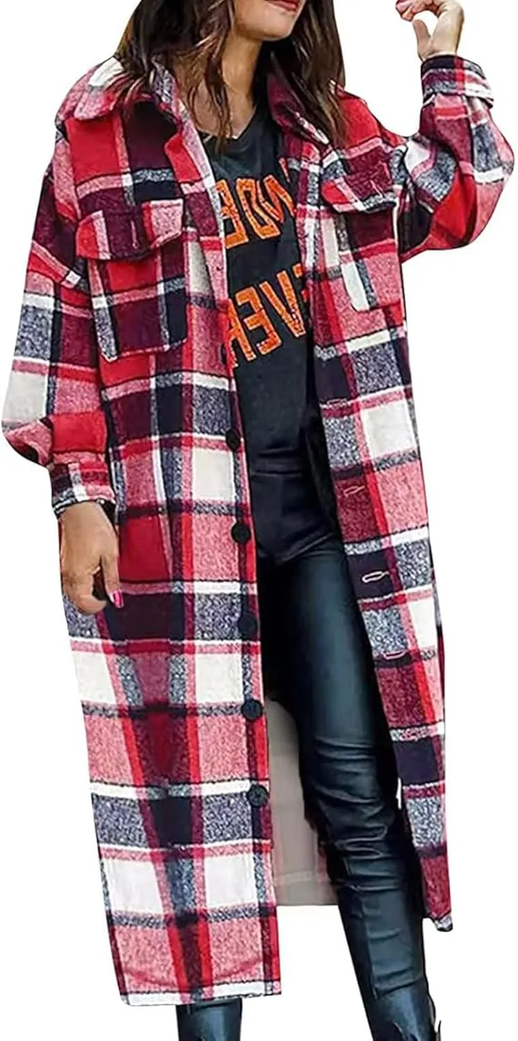 Womens Flannel Plaid Shacket Casual Loose Lapel Button Down Long Jacket Fall Winter Wool Blend Coat Warm Trench Coats
