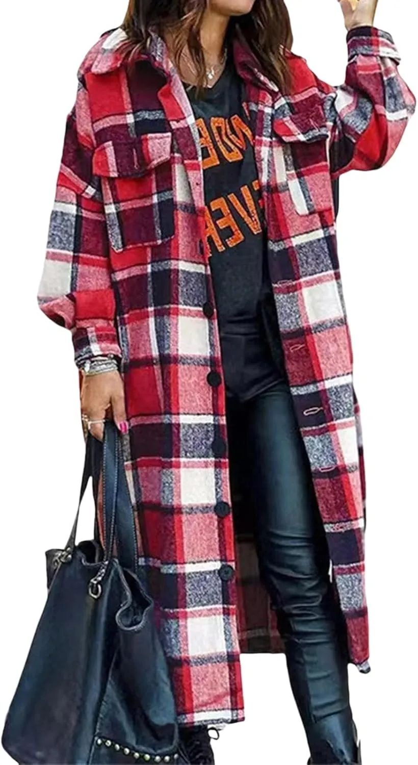 Womens Flannel Plaid Shacket Casual Loose Lapel Button Down Long Jacket Fall Winter Wool Blend Coat Warm Trench Coats