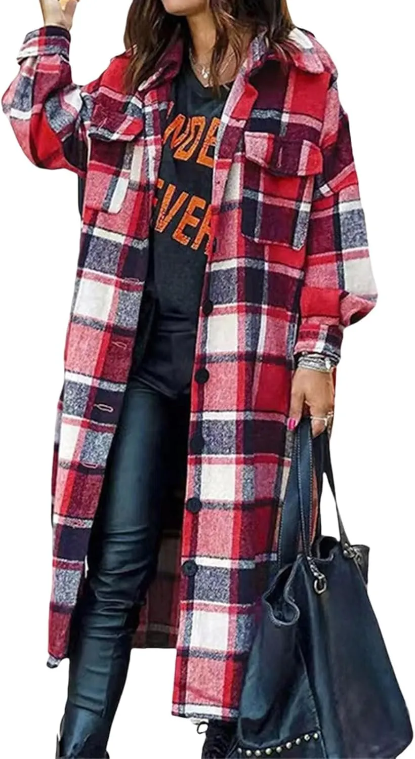 Womens Flannel Plaid Shacket Casual Loose Lapel Button Down Long Jacket Fall Winter Wool Blend Coat Warm Trench Coats