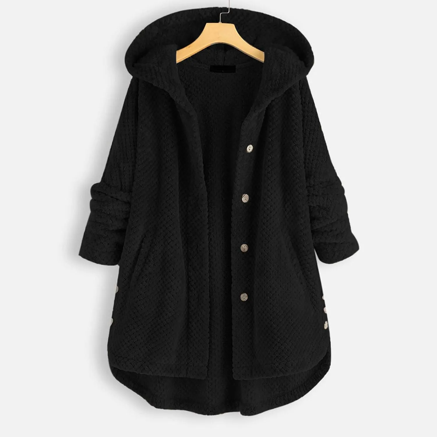 Women's Fleece Sherpa Jacket with Hood Plus Size Fuzzy Winter Coat Casual Loose Fit Bottun Up Solid Fluffy Teddy Coat