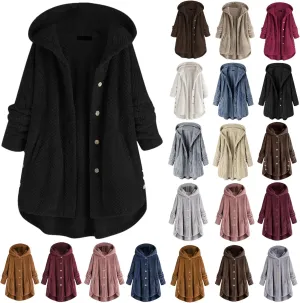 Women's Fleece Sherpa Jacket with Hood Plus Size Fuzzy Winter Coat Casual Loose Fit Bottun Up Solid Fluffy Teddy Coat