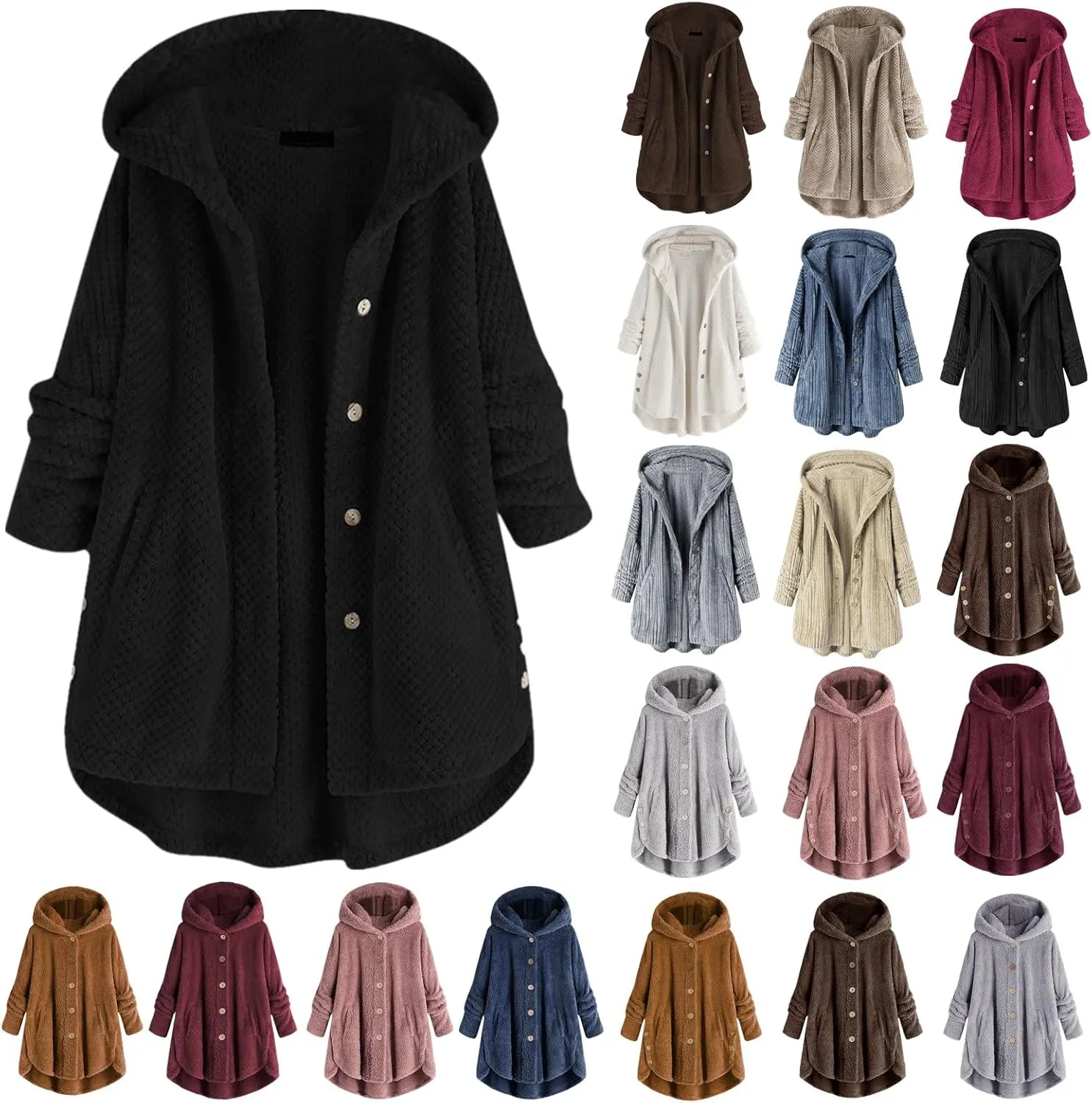 Women's Fleece Sherpa Jacket with Hood Plus Size Fuzzy Winter Coat Casual Loose Fit Bottun Up Solid Fluffy Teddy Coat