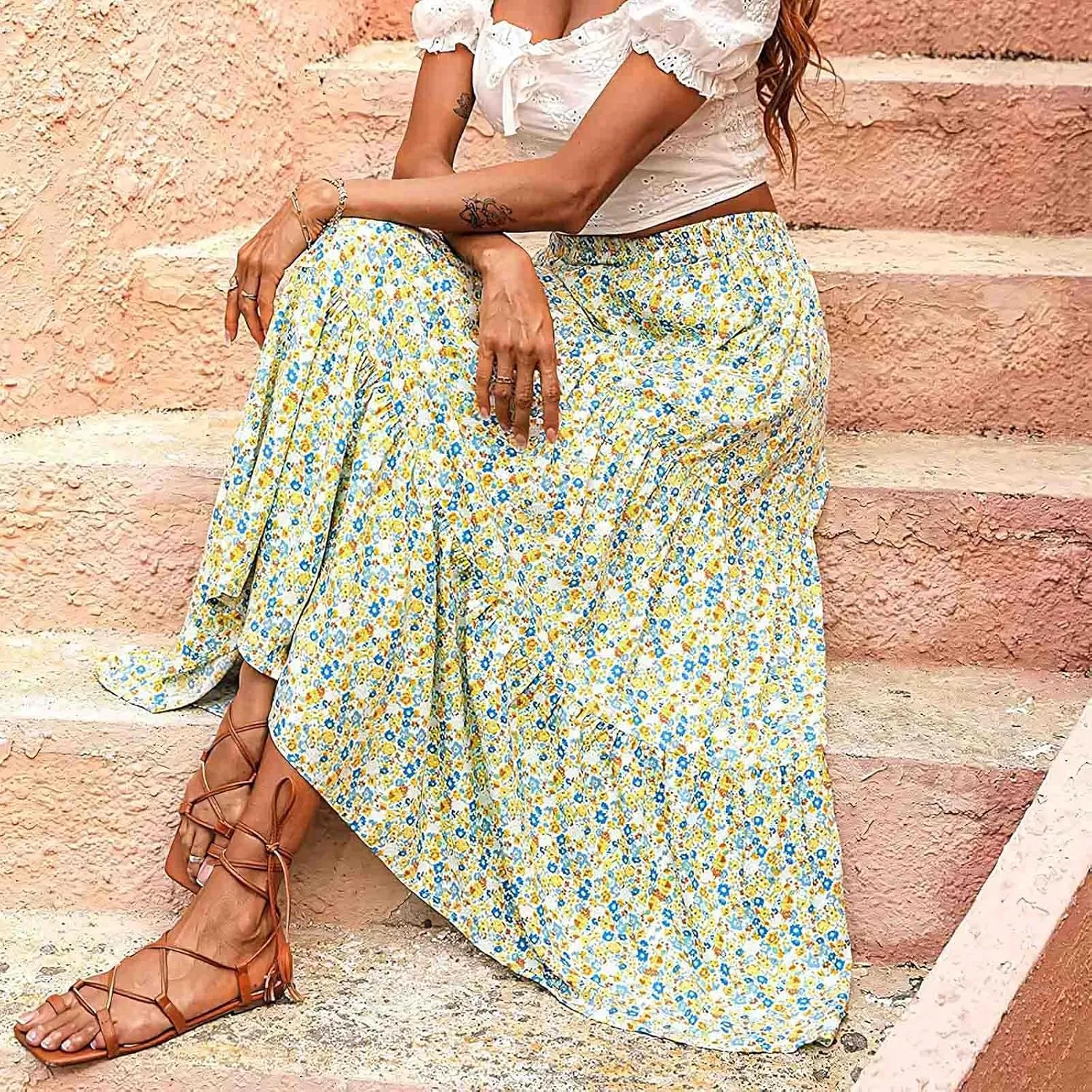 Womens Floral Maxi Skirt Flowy Boho Skirts Summer Floral Printed Skirts A Line Ruffle Skirts High Waist Pleated Skirt
