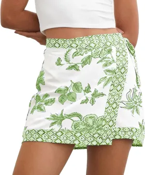 Womens Floral Wrap Short Skirt Summer Beach Mini Skirt Casual Knot Side High Waist A Line Vacation Outfits Skorts