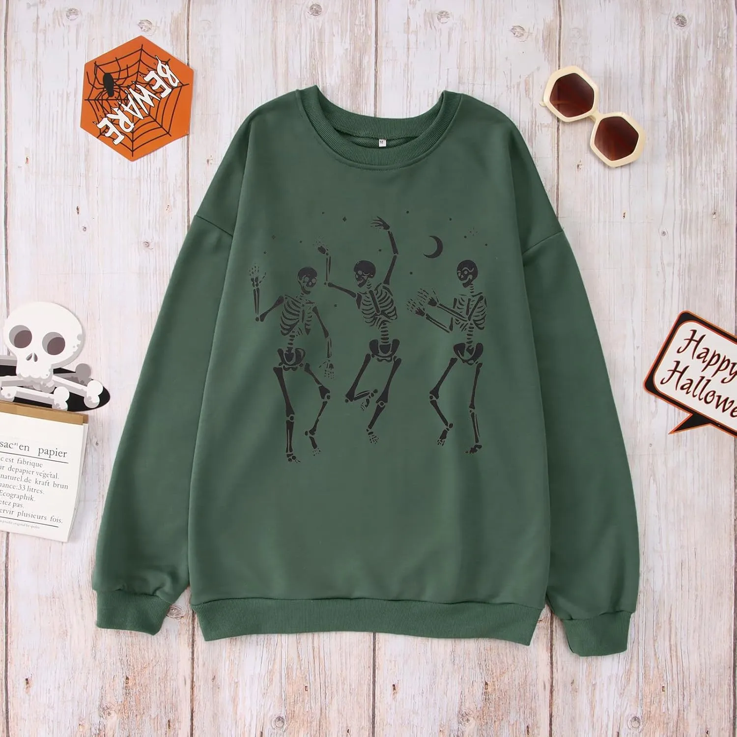 Women's Halloween Dancing Skeleton Sweatshirts Spooky Season Horror Skull Printed Pullover Shirt Oversized Tee Top