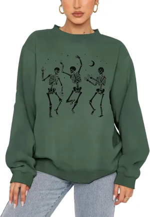 Women's Halloween Dancing Skeleton Sweatshirts Spooky Season Horror Skull Printed Pullover Shirt Oversized Tee Top