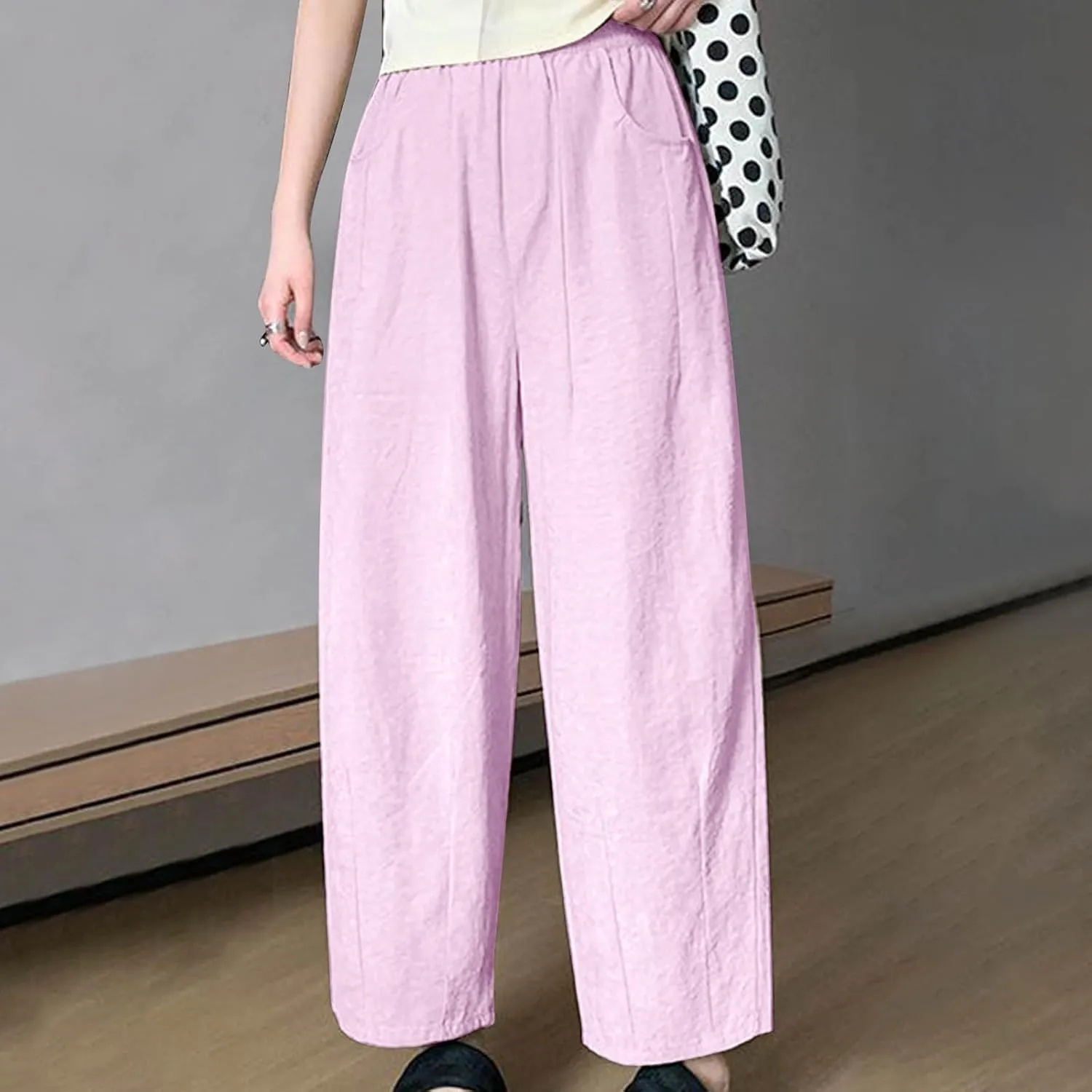 Women's Harem Pants 2025 Summer Casual Loose Wide Leg Palazzo Pants Elastic High Waist Lightweight Flowy Beach Trouser