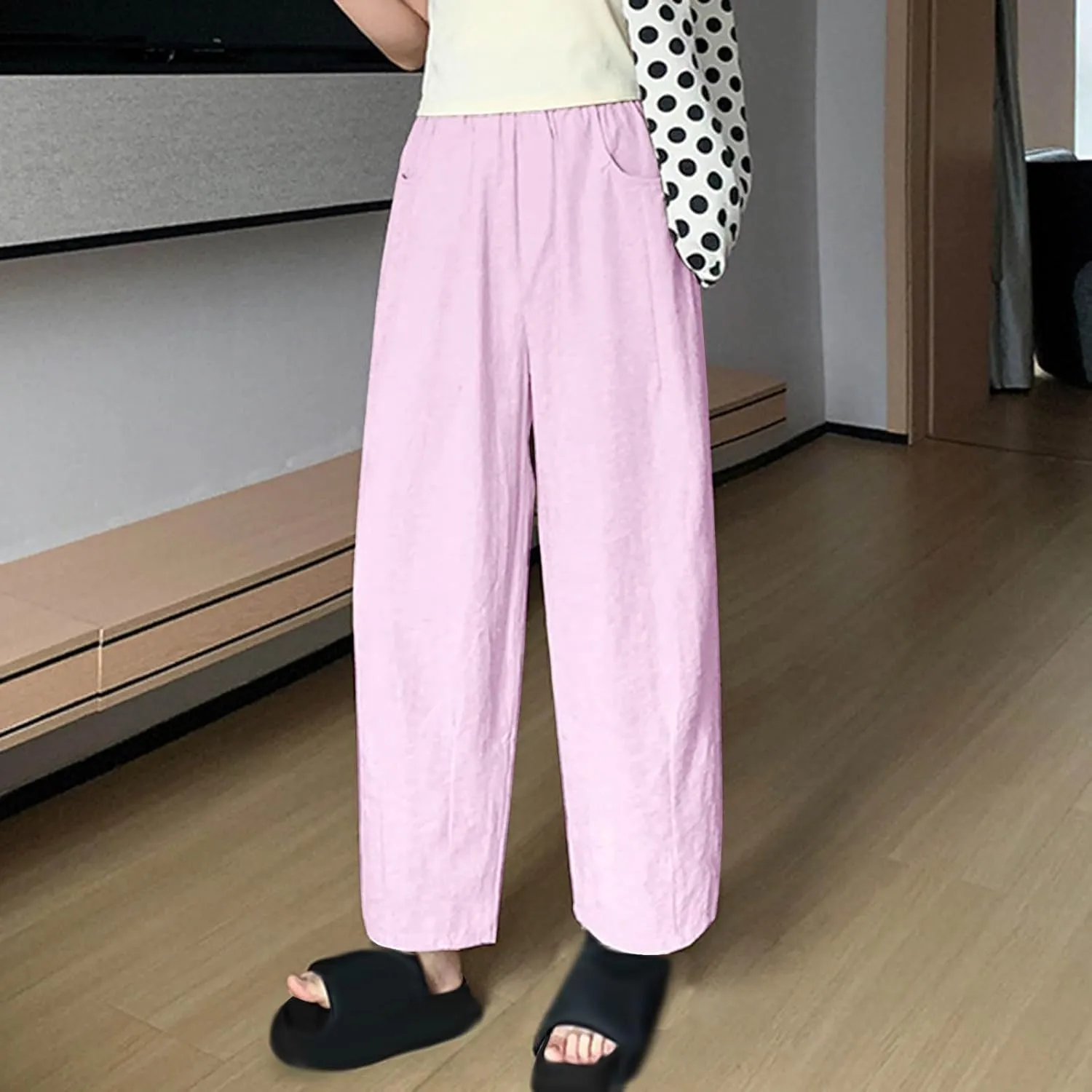 Women's Harem Pants 2025 Summer Casual Loose Wide Leg Palazzo Pants Elastic High Waist Lightweight Flowy Beach Trouser