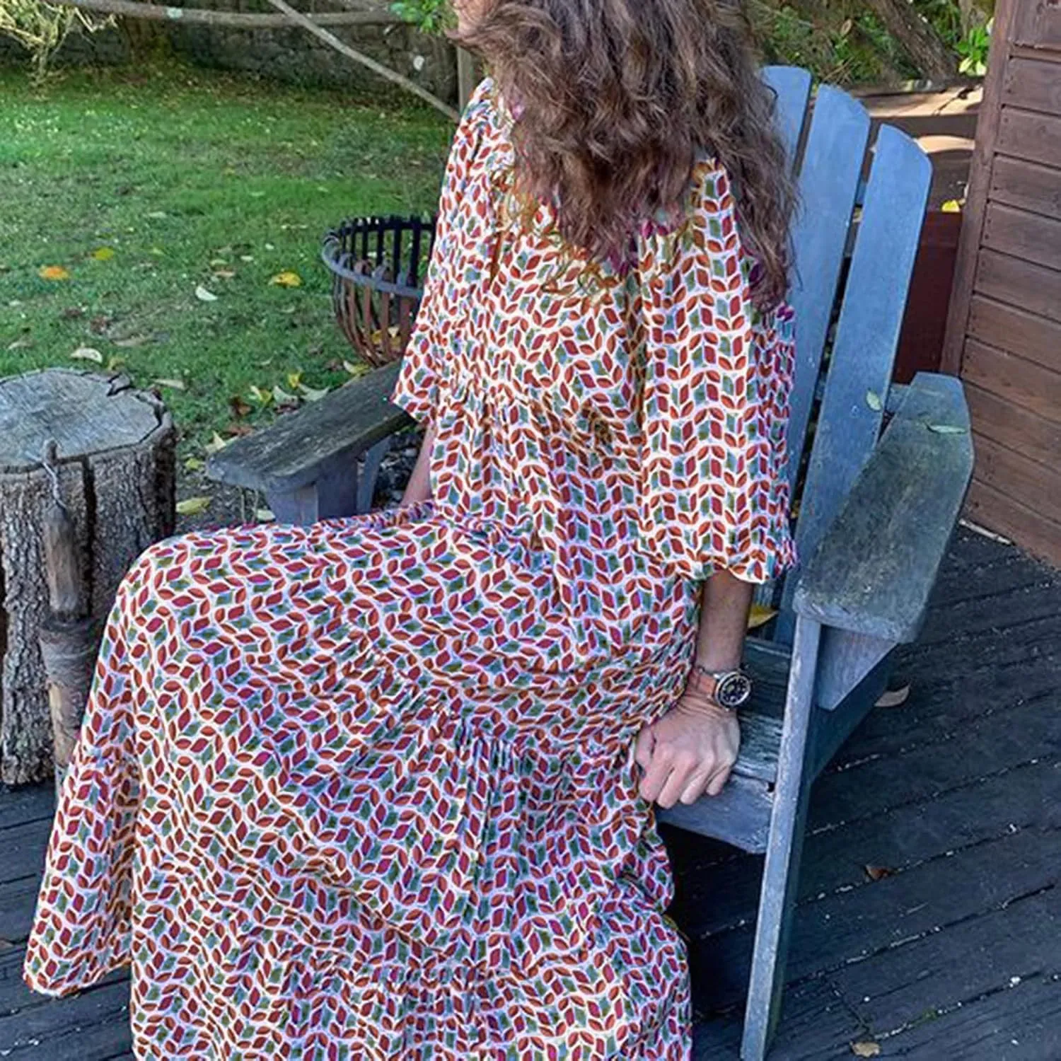 Women's Hawaiian Dresses Casual Boho Floral Printed 2024 Midi Sleeve Neckline Button Maxi Dress, S-3XL