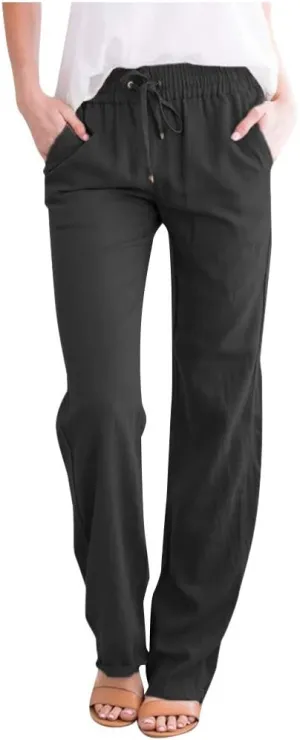 Womens High Waist Drawstring Comfy Casual Wide Leg Pants Lightweight Loose Solid Trousers with Pockets