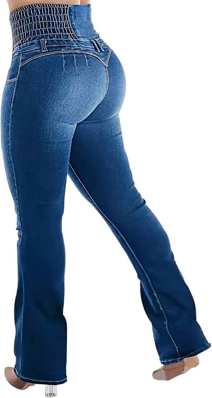 Womens High Waist Stretch Jeans Bell Bottom Jeans Push Up Butt Lifting Skinny Denim Pants