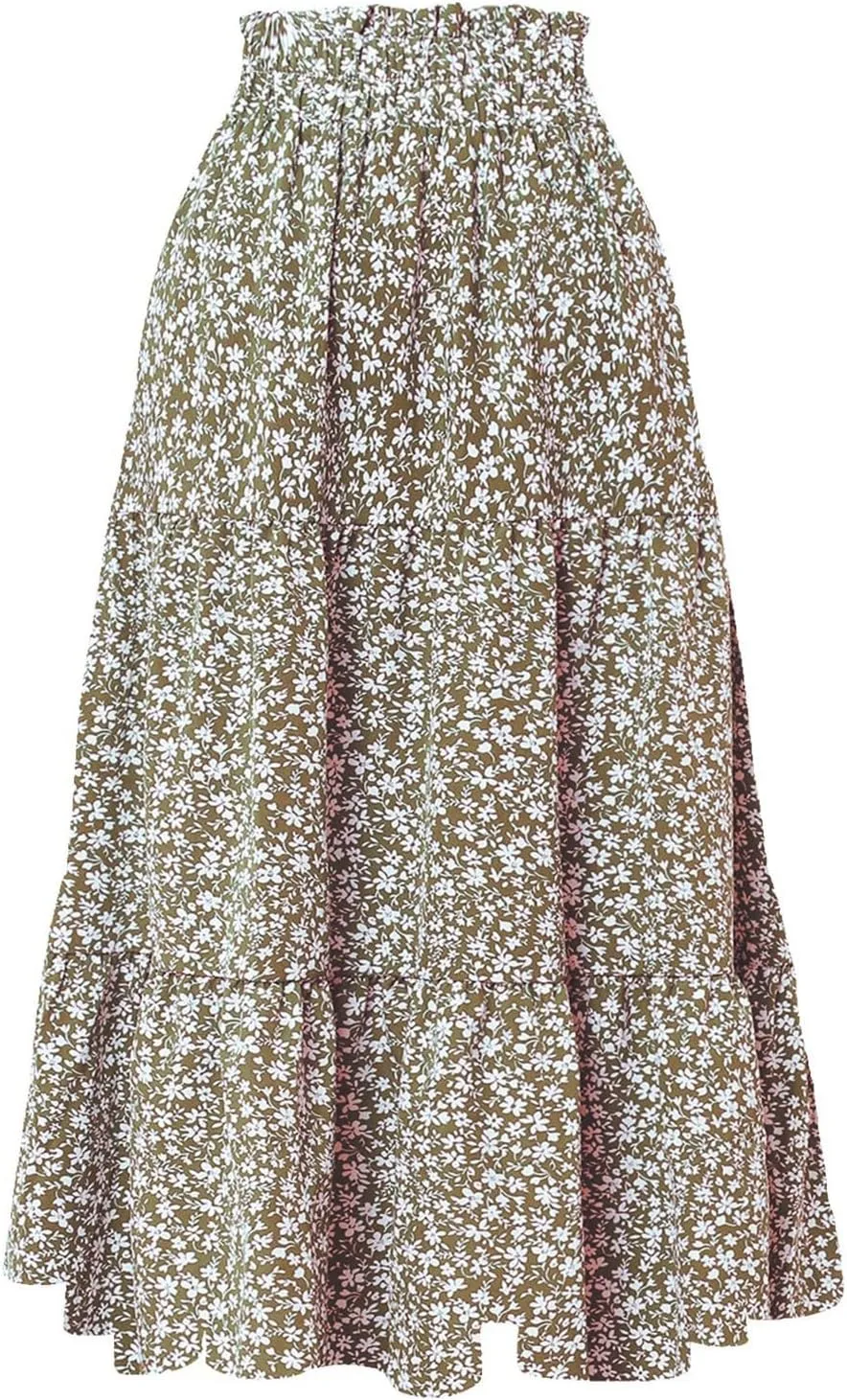 Womens High Waisted Elastic Skirt 2025 Trendy Casual Print Long Skirt Summer Flowy Swing Pleated A-Line Maxi Skirts