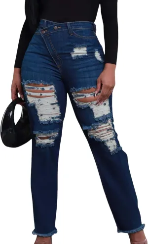 Women's High Waisted Skinny Ripped Jeans Boyfriend Asymmetrical Stretchy Jeans Distressed Denim Pants