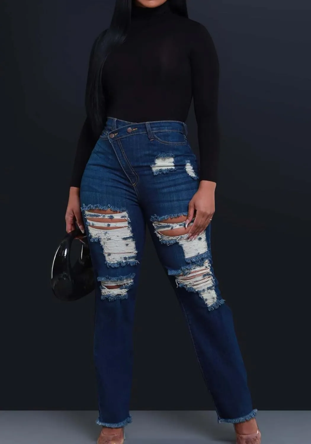 Women's High Waisted Skinny Ripped Jeans Boyfriend Asymmetrical Stretchy Jeans Distressed Denim Pants