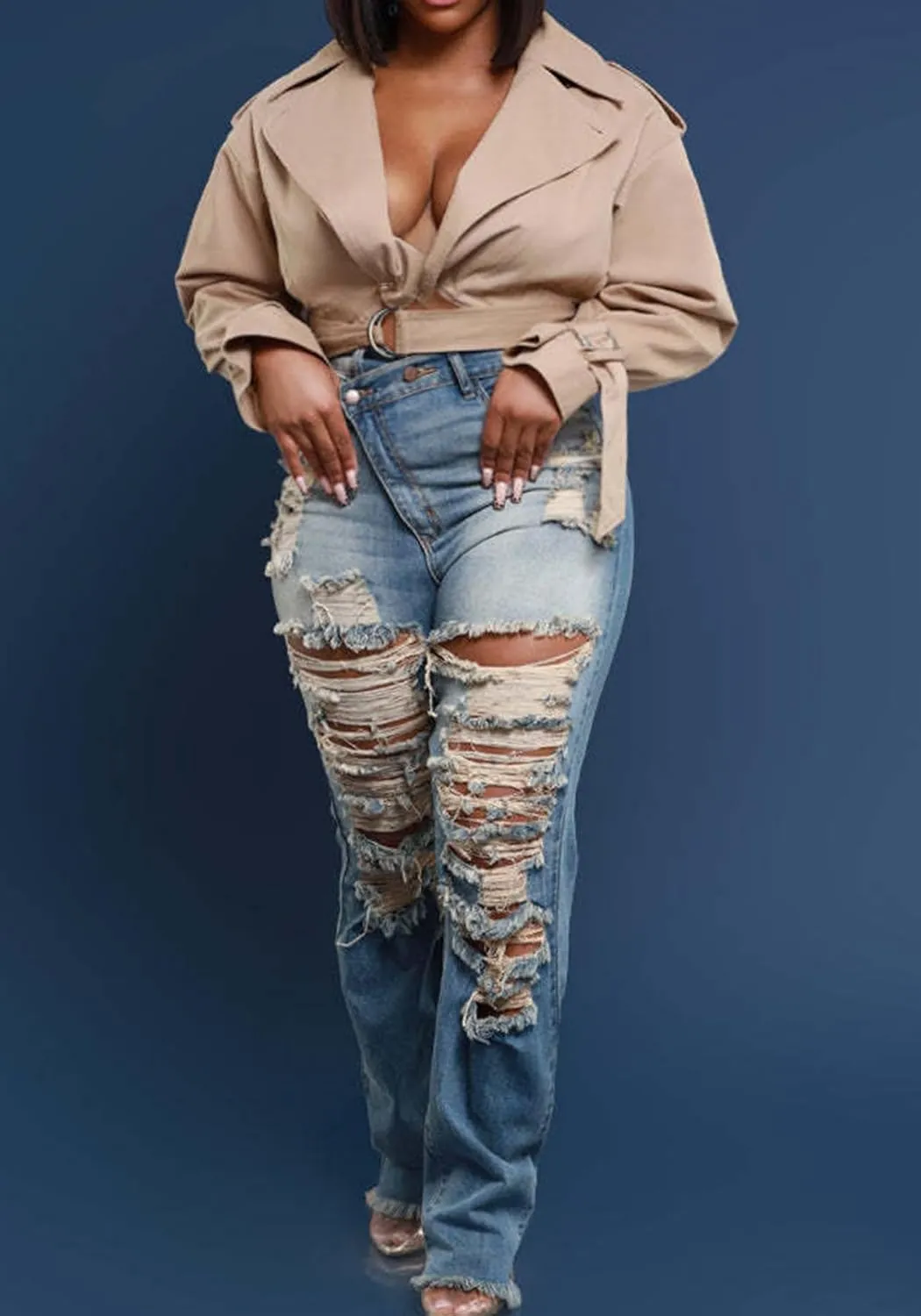 Women's High Waisted Skinny Ripped Jeans Boyfriend Asymmetrical Stretchy Jeans Distressed Denim Pants