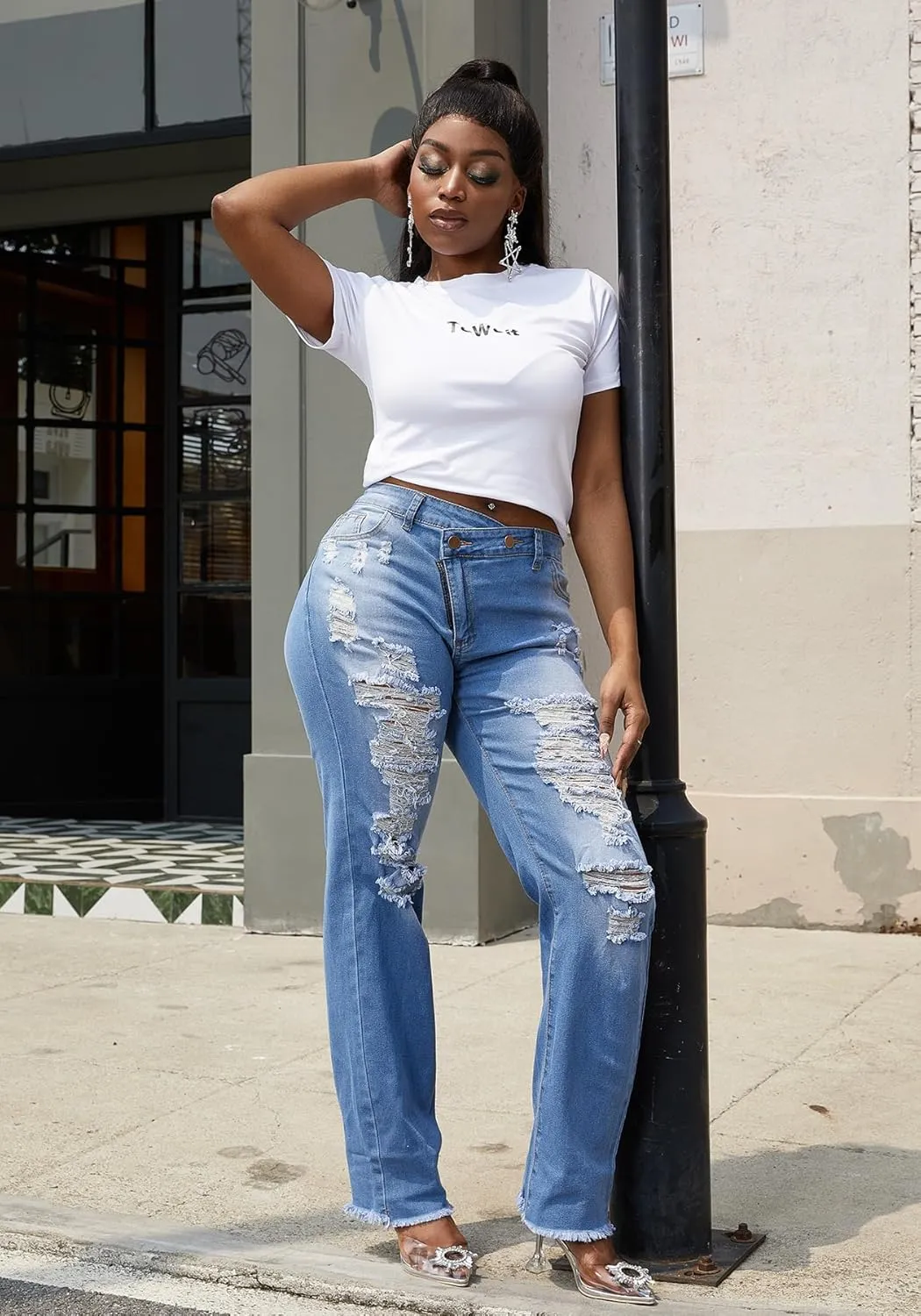 Women's High Waisted Skinny Ripped Jeans Boyfriend Asymmetrical Stretchy Jeans Distressed Denim Pants