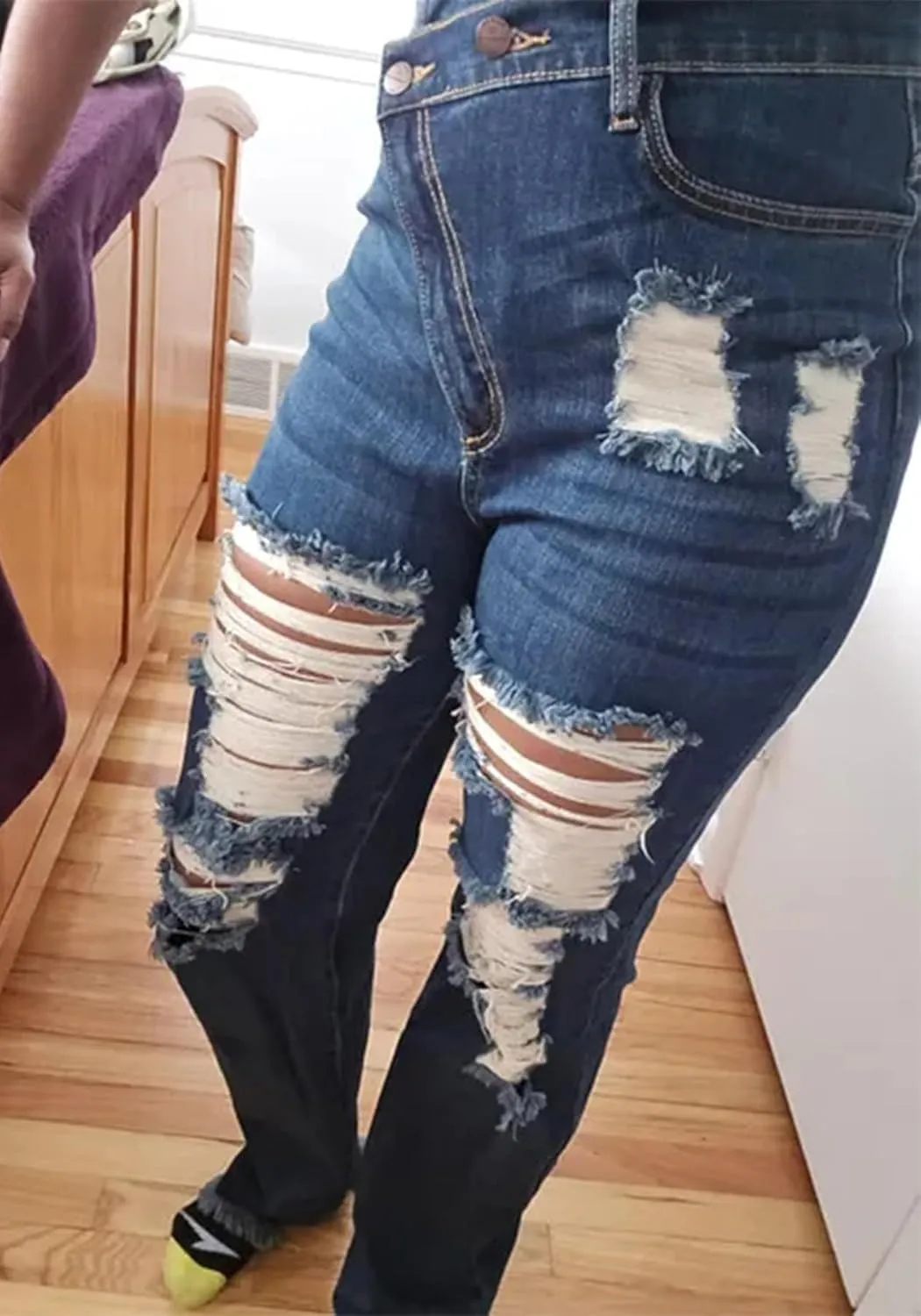 Women's High Waisted Skinny Ripped Jeans Boyfriend Asymmetrical Stretchy Jeans Distressed Denim Pants