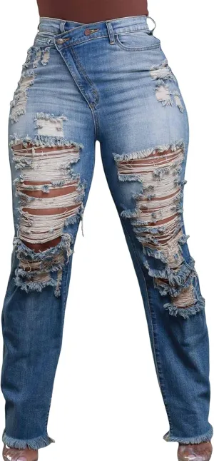 Women's High Waisted Skinny Ripped Jeans Boyfriend Asymmetrical Stretchy Jeans Distressed Denim Pants