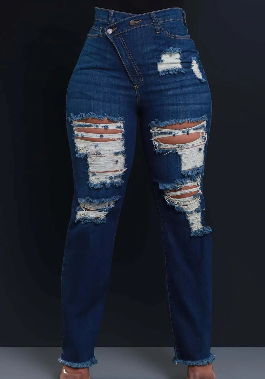 Women's High Waisted Skinny Ripped Jeans Boyfriend Asymmetrical Stretchy Jeans Distressed Denim Pants