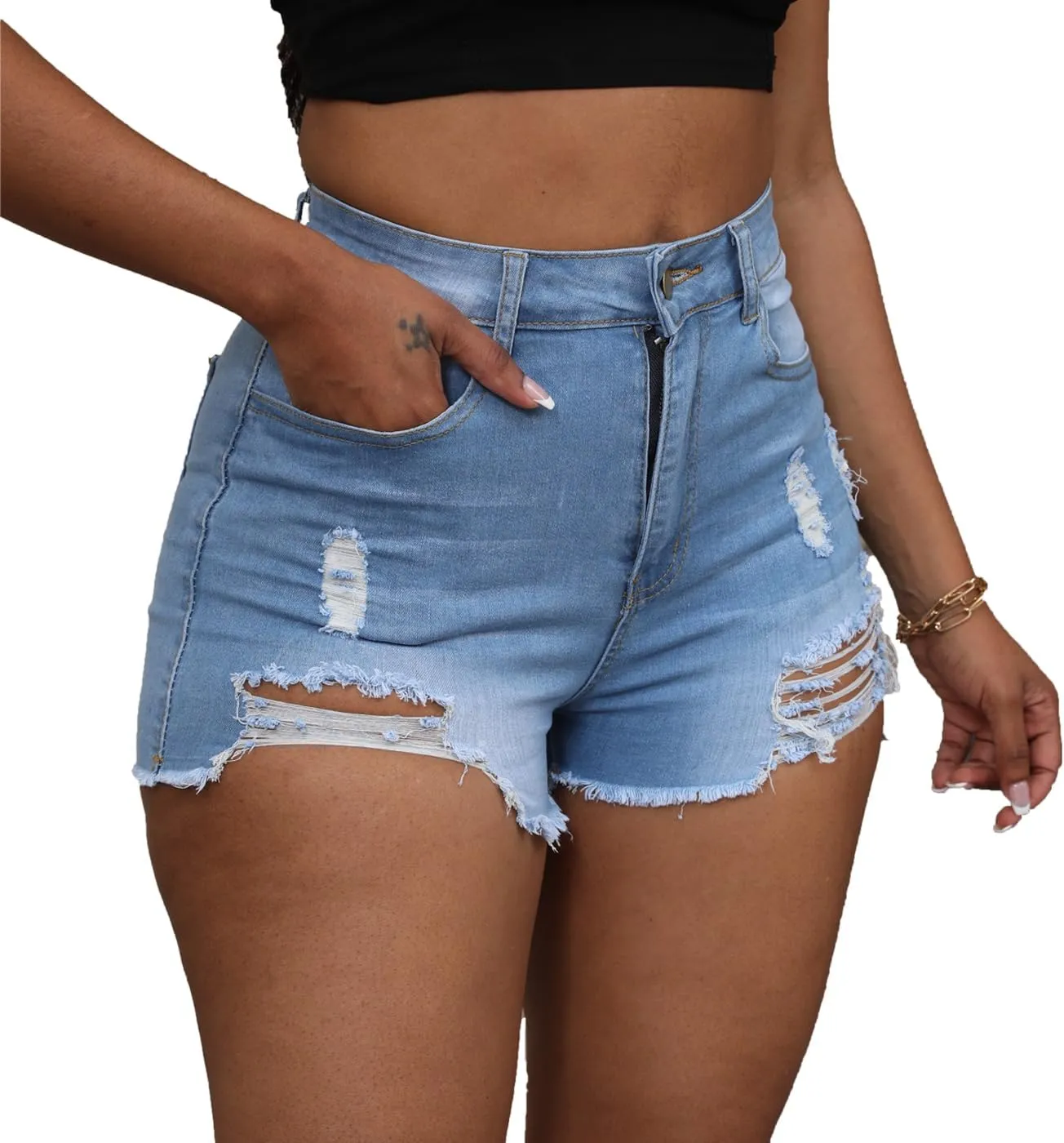 Women's Hole Denim Jeans Ripped Stretchy Denim Shorts Frayed Raw Hem Shorts Jeans