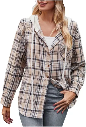 Womens Hooded Long Sleeve Flannel Plaid Shirts Lapel Button Down Shacket Jacket Coats 2023 Fall Fashion Coats